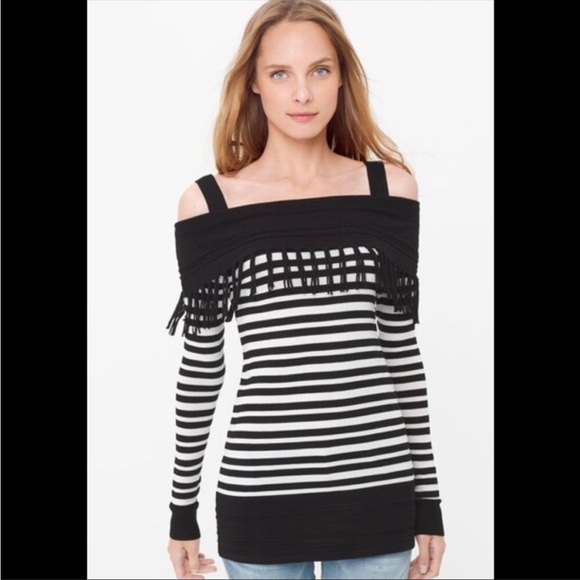White House Black Market Sweaters - ⭐️NEW⭐️White House Black Market WHBM Strip Off-The-Shoulder Fringe Tunic Sweater